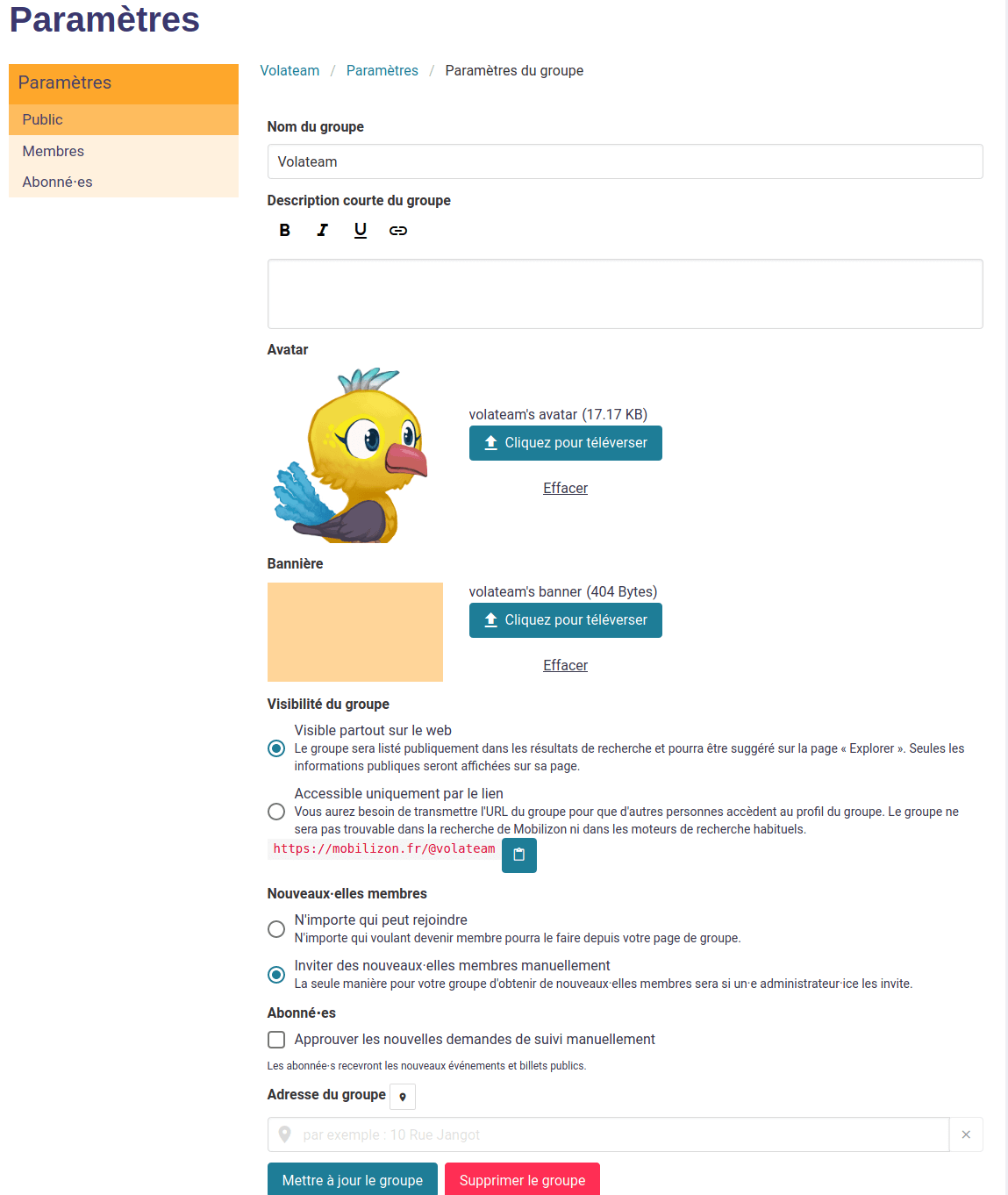 modification des paramètres du groupe