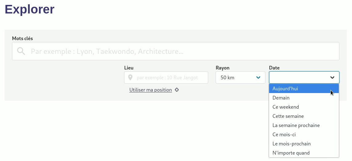 image montrant les menus déroulant pour lieu et date
